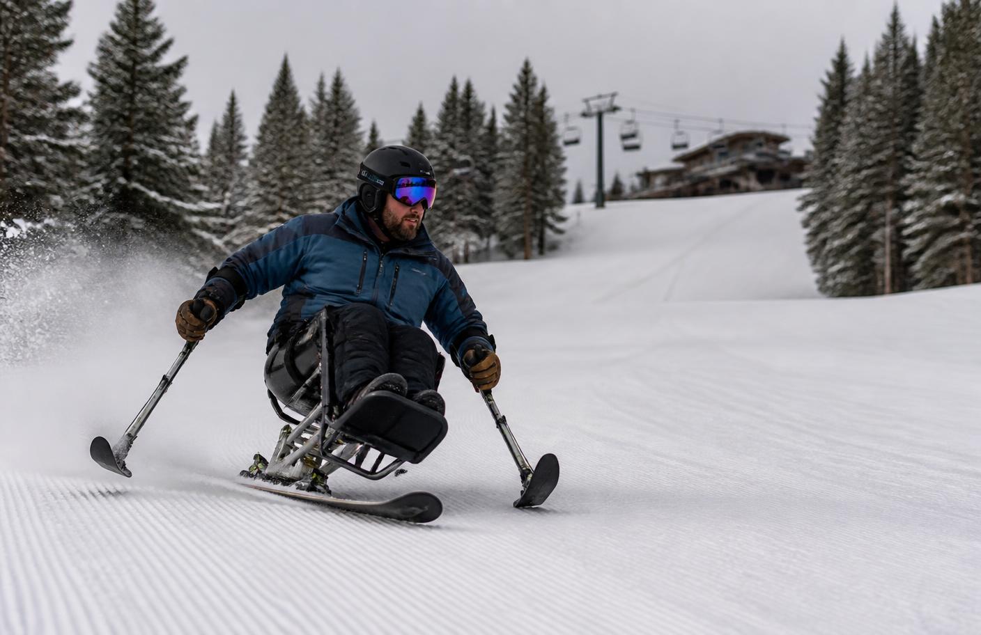 Skier using a sit-ski on a groomed slope above the pines — illustrative image of adaptive alpine skiing