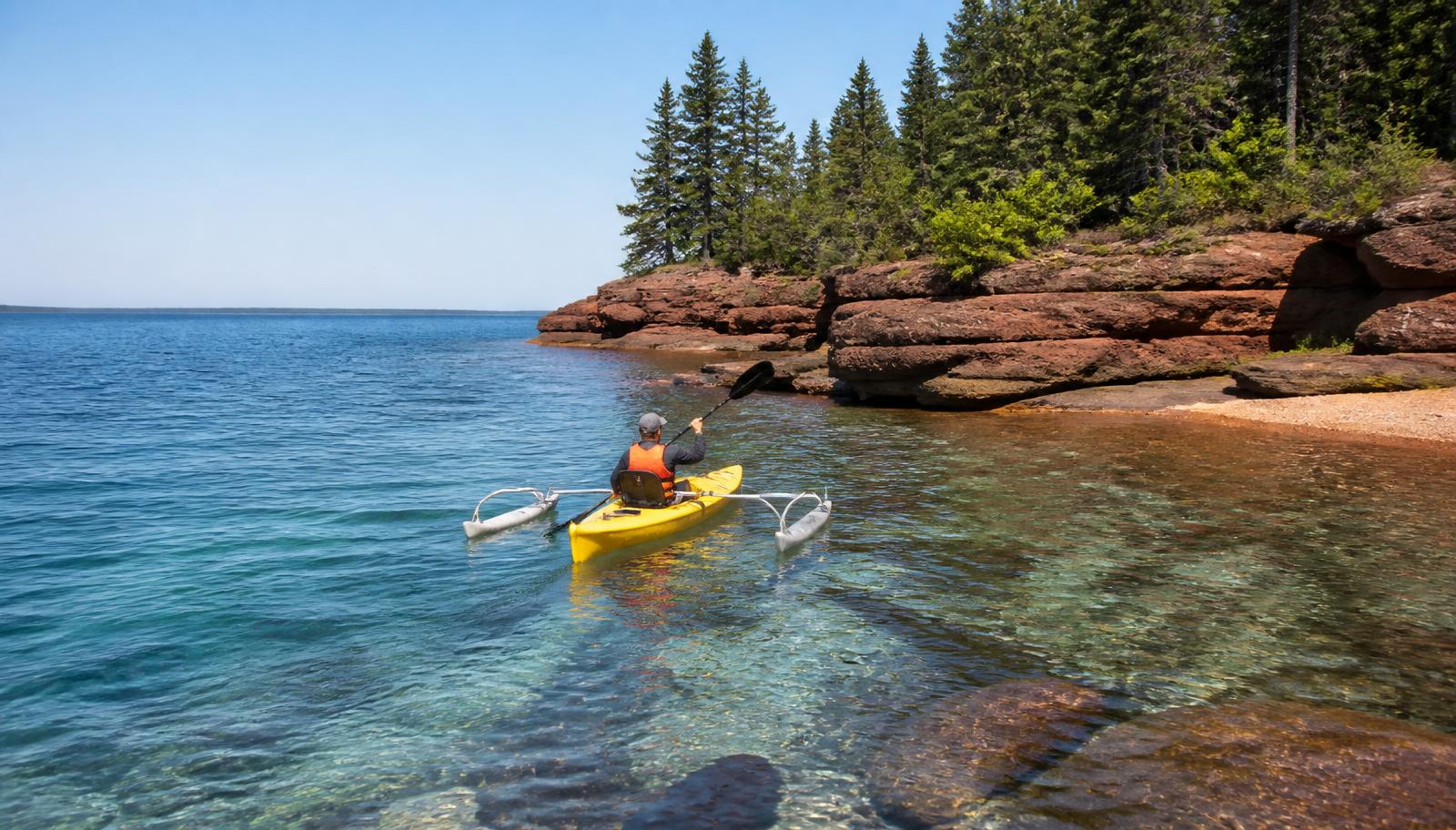 A kayaker paddling an adaptive kayak with outrigger stabilizers on a clear Lake Superior shoreline near Marquette — illustrative image, not a photograph of a specific local participant